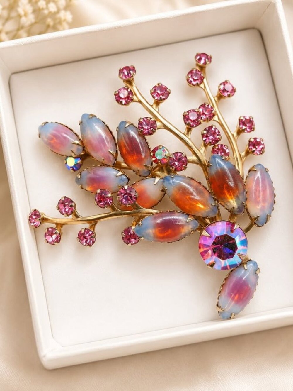 Vintage Brooch with Matching Earrings Art Glass Pink Rhinestones Floral Spray